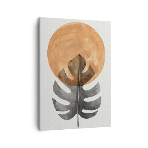 Quadro su tela - Stampe su Tela - Foglia di monstera e cerchio dorato su sfondo chiaro - 50x70cm - Sempre il sole - Decorazione murale moderna per soggiorno e camera da letto ARTTOR