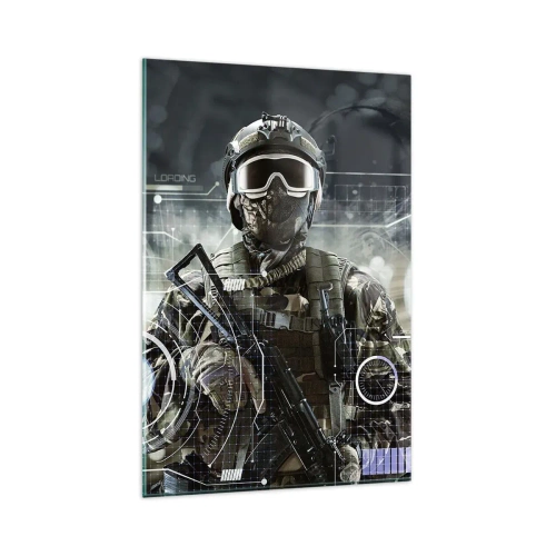 Quadro su vetro - Un soldato con un casco futuristico e una pistola sullo sfondo della tecnologia. - 80x120cm - Potenza al quadrato - Decorazione murale moderna per soggiorno e camera da letto ARTTOR