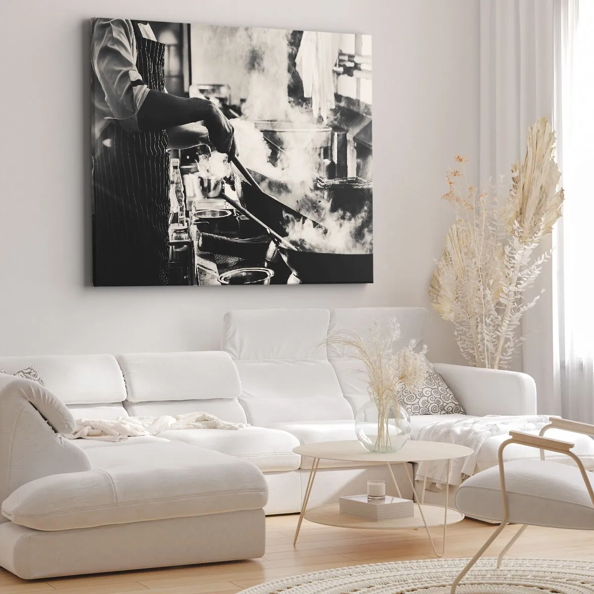 Quadro su tela - Stampe su Tela - Uno chef al lavoro in cucina con il vapore che esce da una padella - 120x80cm - L'alchimia dei sapori - Decorazione murale moderna per soggiorno e camera da letto ARTTOR