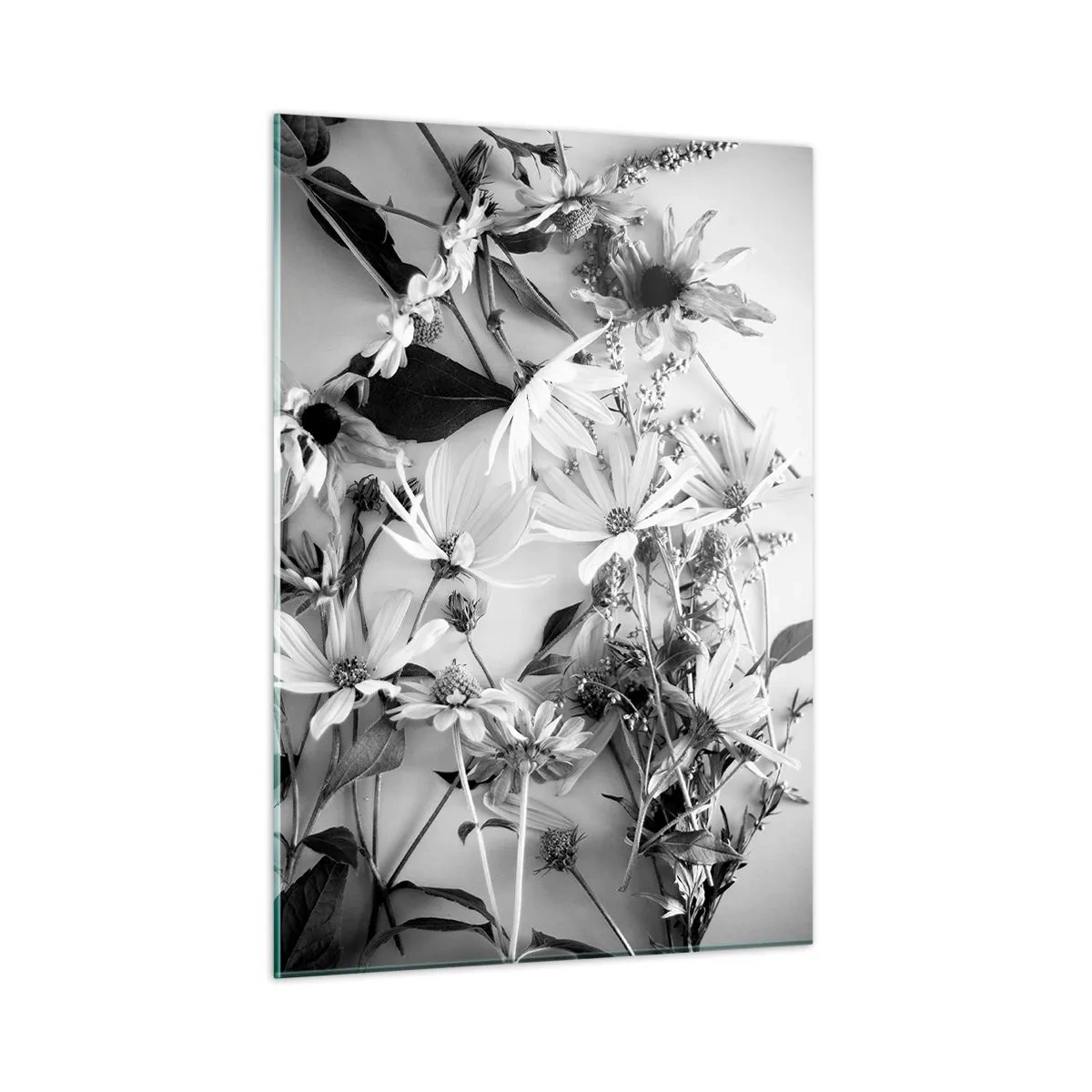 Quadro su vetro - Fiori bianchi e neri sparsi in una composizione artistica - 50x70cm - Un non bouquet di fiori - Decorazione murale moderna per soggiorno e camera da letto ARTTOR