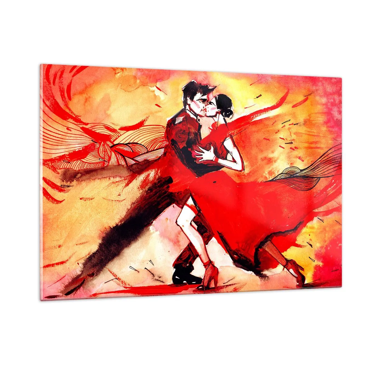 Quadro su vetro - Una coppia che balla in una composizione dinamica rossa - 120x80cm - Il ritmo porpora della passione - Decorazione murale moderna per soggiorno e camera da letto ARTTOR