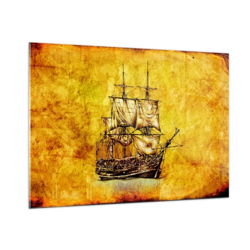 Quadro su vetro - Un veliero storico sullo sfondo di una pergamena stilizzata - 100x70cm - Verso la Tortuga! - Decorazione murale moderna per soggiorno e camera da letto ARTTOR