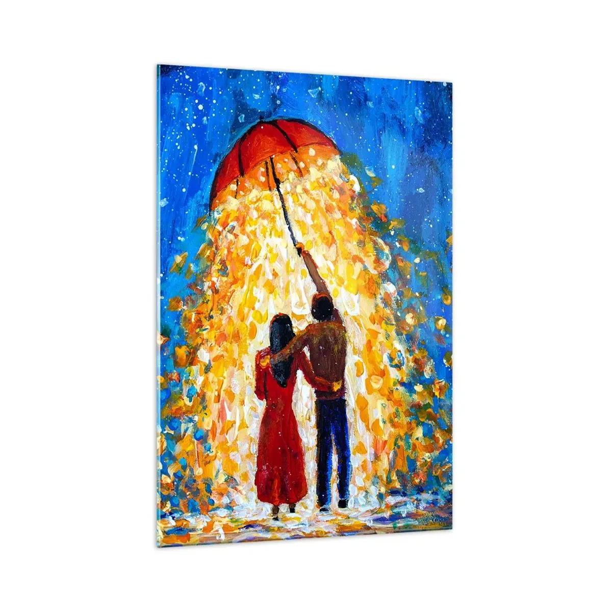 Quadro su vetro - Una coppia sotto un ombrello rosso sotto la pioggia luminosa - 70x100cm - La magia di una sera piovosa? - Decorazione murale moderna per soggiorno e camera da letto ARTTOR