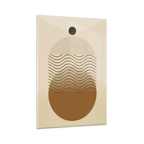 Quadro su vetro - Astrazione geometrica con cerchi e linee ondulate in colori caldi. - 80x120cm - Sull'origine delle figure geometriche - Decorazione murale moderna per soggiorno e camera da letto ARTTOR