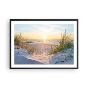 Poster in cornice nera - Una spiaggia sabbiosa con vista sul tramonto sul mare - 70x50cm - Rumore del mare, uccelli che cantano, spiaggia selvatica tra i cespugli... - Decorazione murale moderna per soggiorno e camera da letto ARTTOR