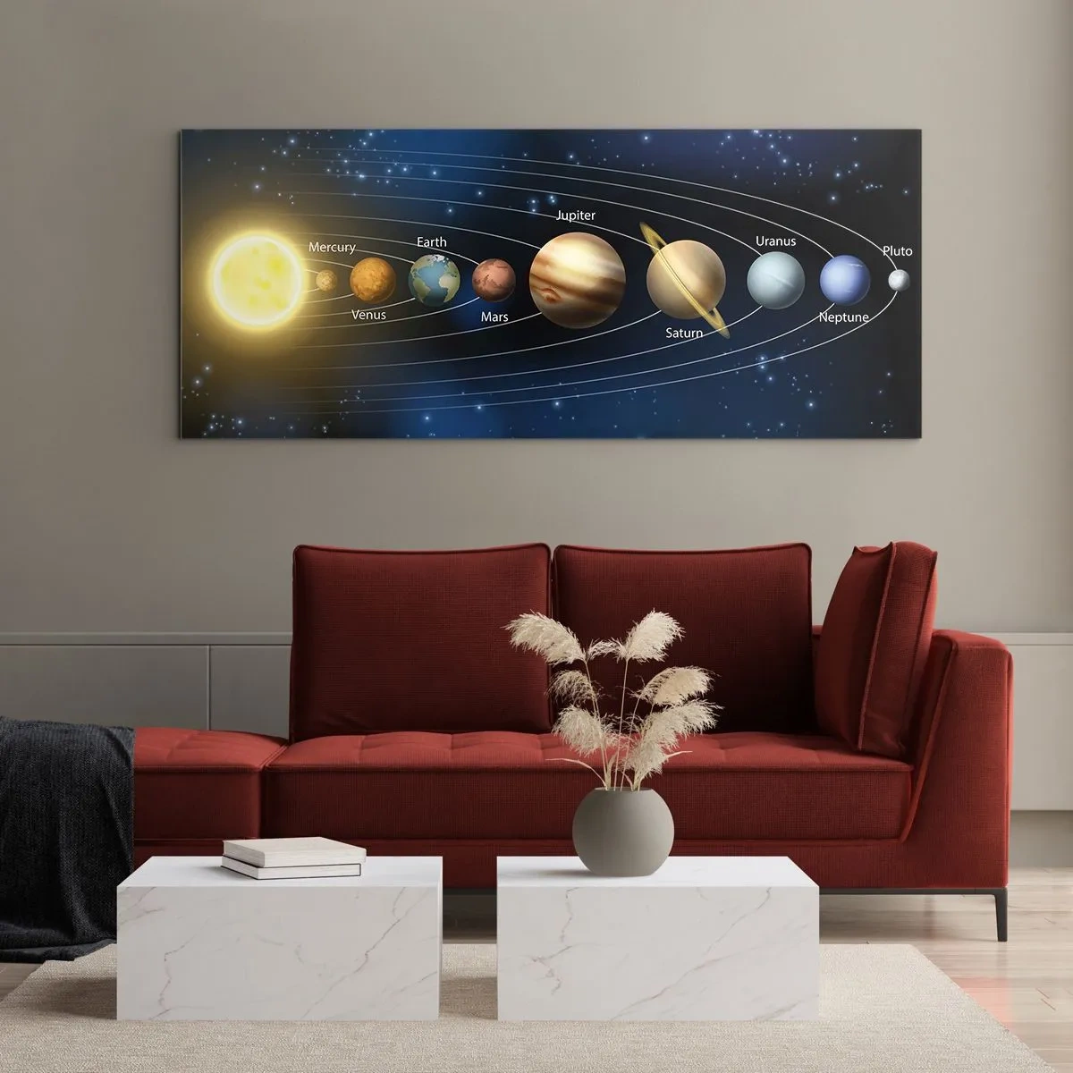 Quadro su vetro - Schema del sistema solare con pianeti e sole - 140x50cm - Uno su dieci - Decorazione murale moderna per soggiorno e camera da letto ARTTOR