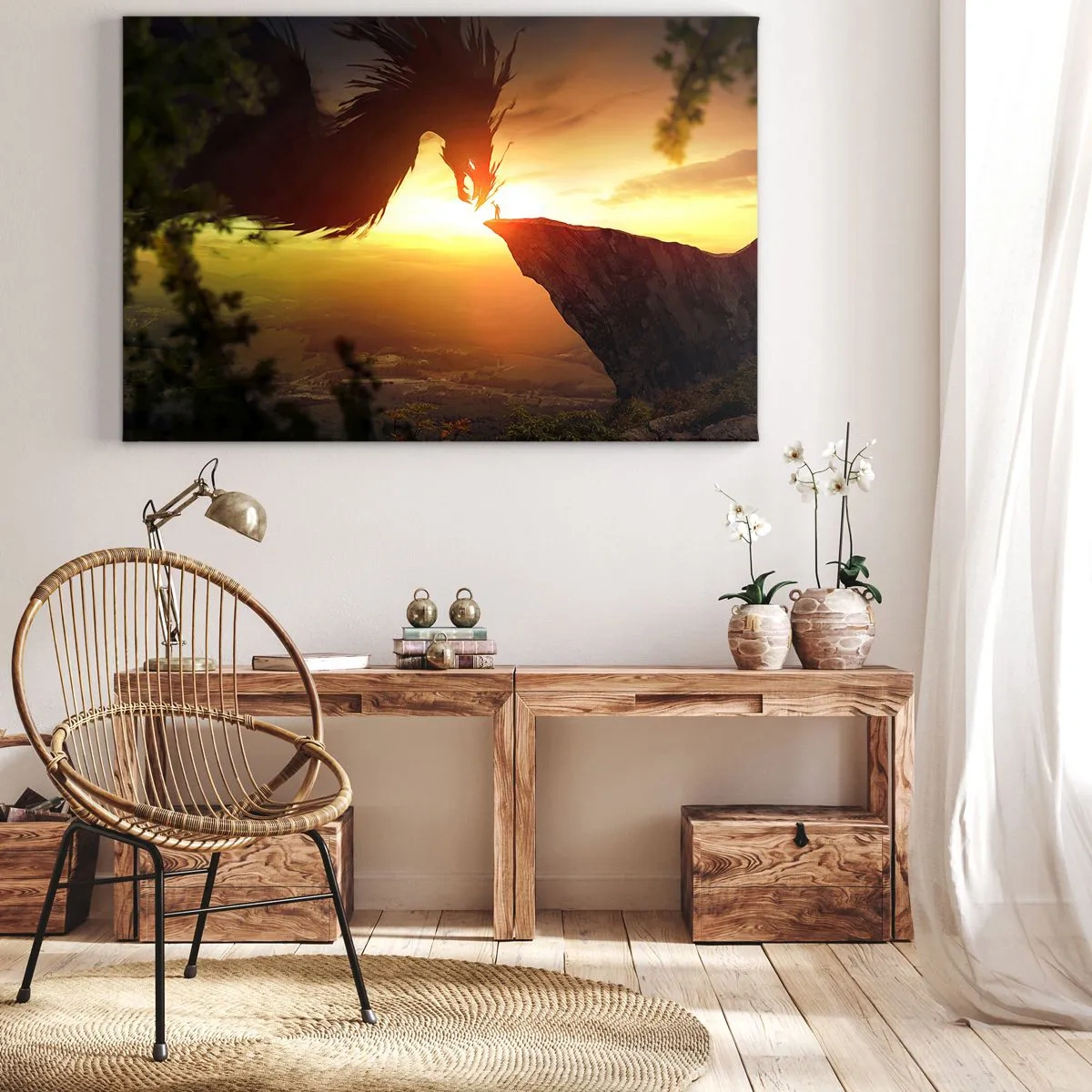 Quadro su tela - Stampe su Tela - Un drago e un uomo su una roccia al chiarore del sole al tramonto - 100x70cm - Il cacciatore di draghi - Decorazione murale moderna per soggiorno e camera da letto ARTTOR