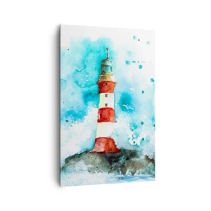 Quadro su tela - Stampe su Tela - Un faro in un ambiente acquerello con uno sfondo blu - 80x120cm - L'unità dei quattro elementi - Decorazione murale moderna per soggiorno e camera da letto ARTTOR