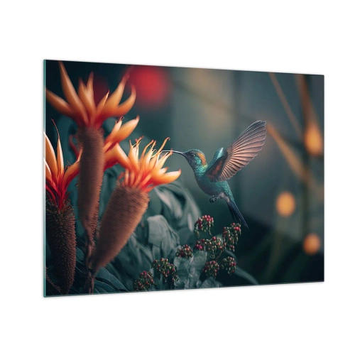 Quadro su vetro - Un colibrì volteggia tra le foglie sopra fiori esotici. - 70x50cm - Una vita davvero a colori - Decorazione murale moderna per soggiorno e camera da letto ARTTOR