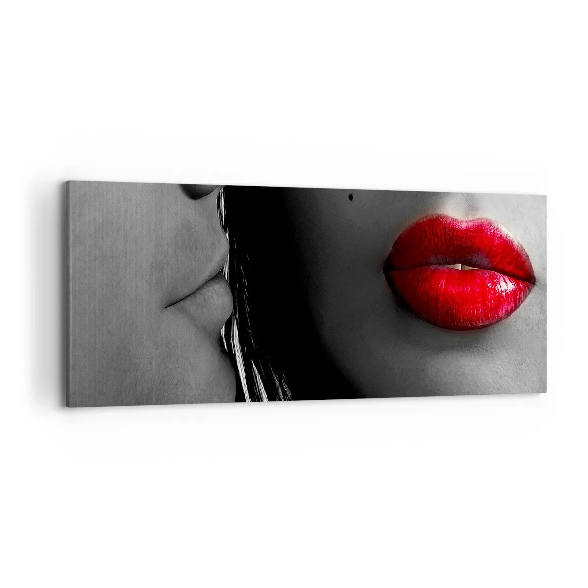 Quadro su tela - Stampe su Tela - Primo piano dei volti di una donna e di un uomo con le labbra rosse. - 120x50cm - Volto accanto al volto  - Decorazione murale moderna per soggiorno e camera da letto ARTTOR