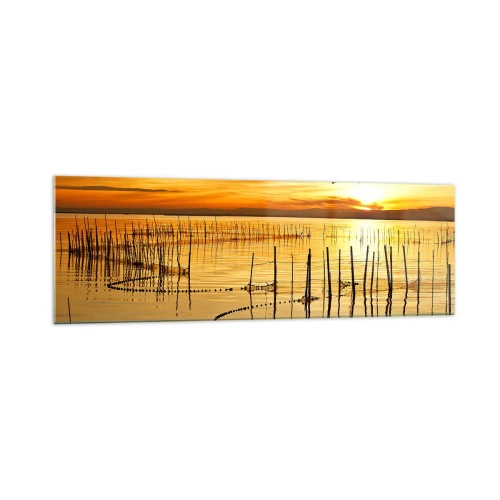 Quadro su vetro - Tramonto sull'acqua con uccelli in volo - 160x50cm - Alla pesca - Decorazione murale moderna per soggiorno e camera da letto ARTTOR