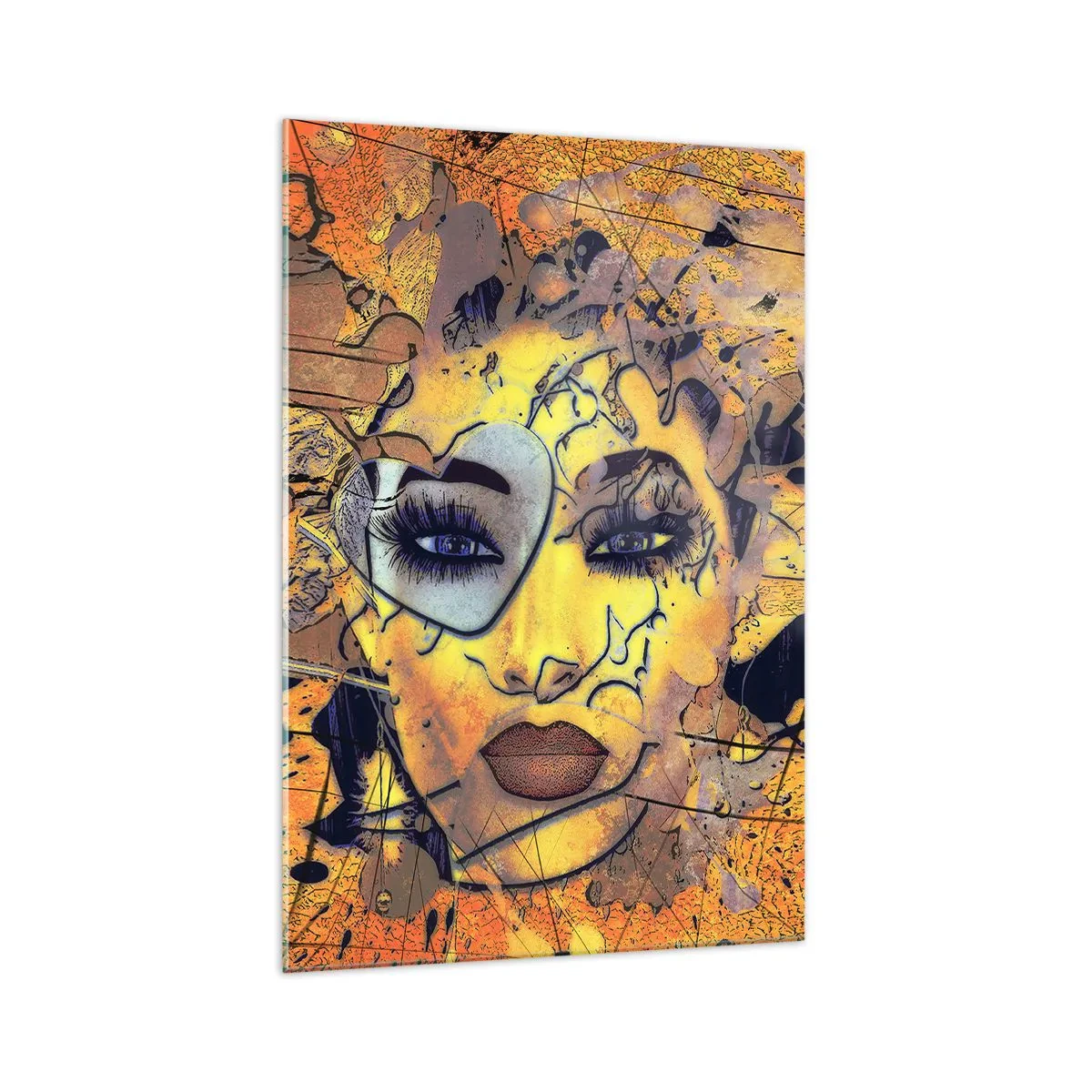 Quadro su vetro - Ritratto astratto di una donna nei toni del giallo oro - 70x100cm - Bellezza solare - Decorazione murale moderna per soggiorno e camera da letto ARTTOR