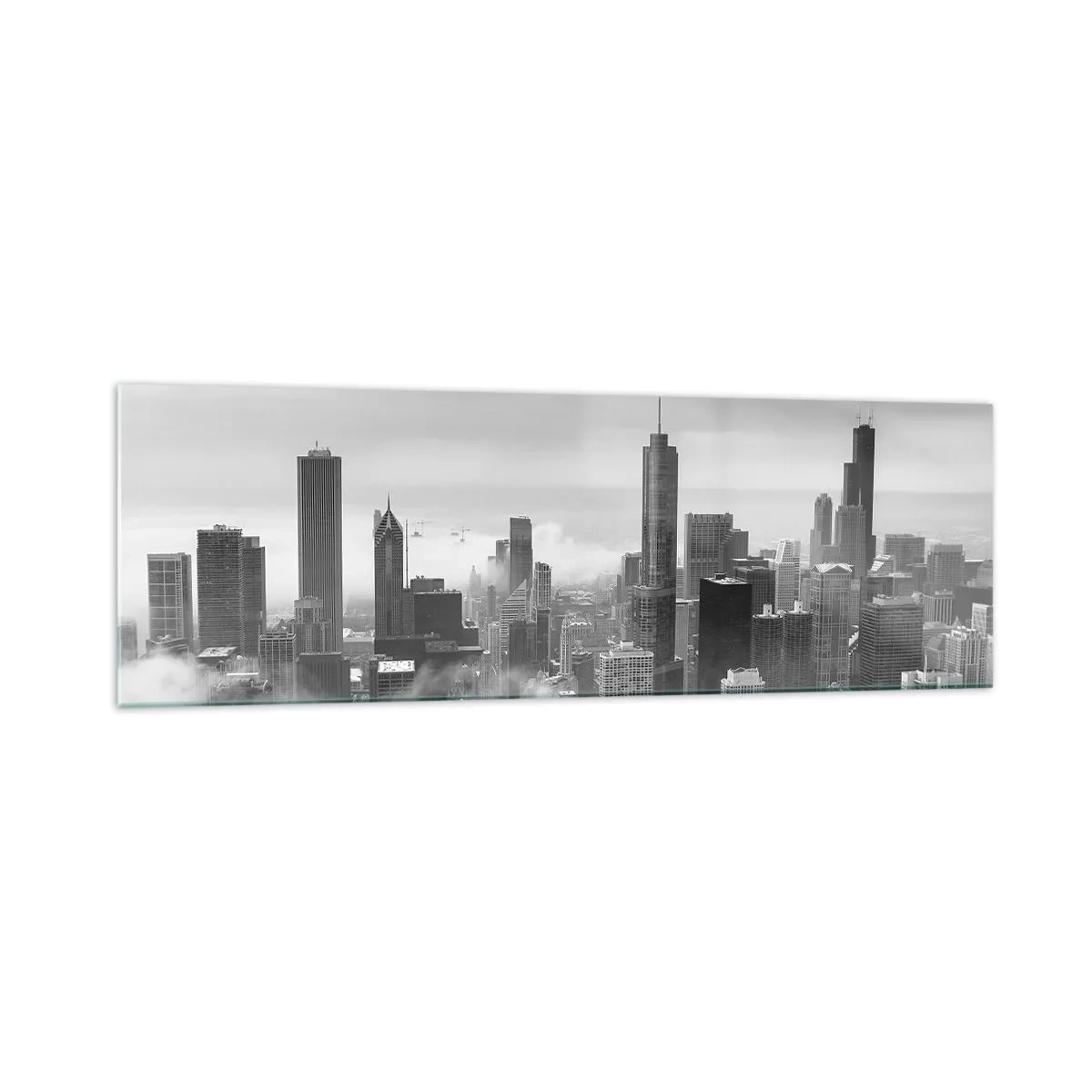 Quadro su vetro - Panorama della città con grattacieli tra le nuvole in bianco e nero - 160x50cm - Paesaggio americano - Decorazione murale moderna per soggiorno e camera da letto ARTTOR