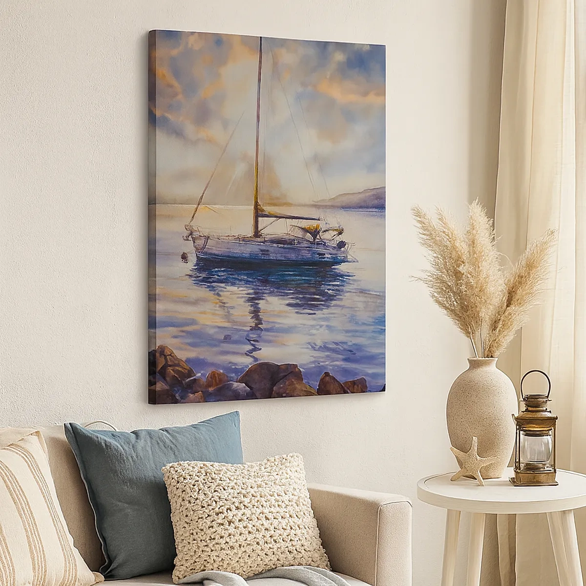 Quadro su tela - Stampe su Tela - Uno yacht su un mare calmo al tramonto - 50x70cm - La sera nel golfo - Decorazione murale moderna per soggiorno e camera da letto ARTTOR