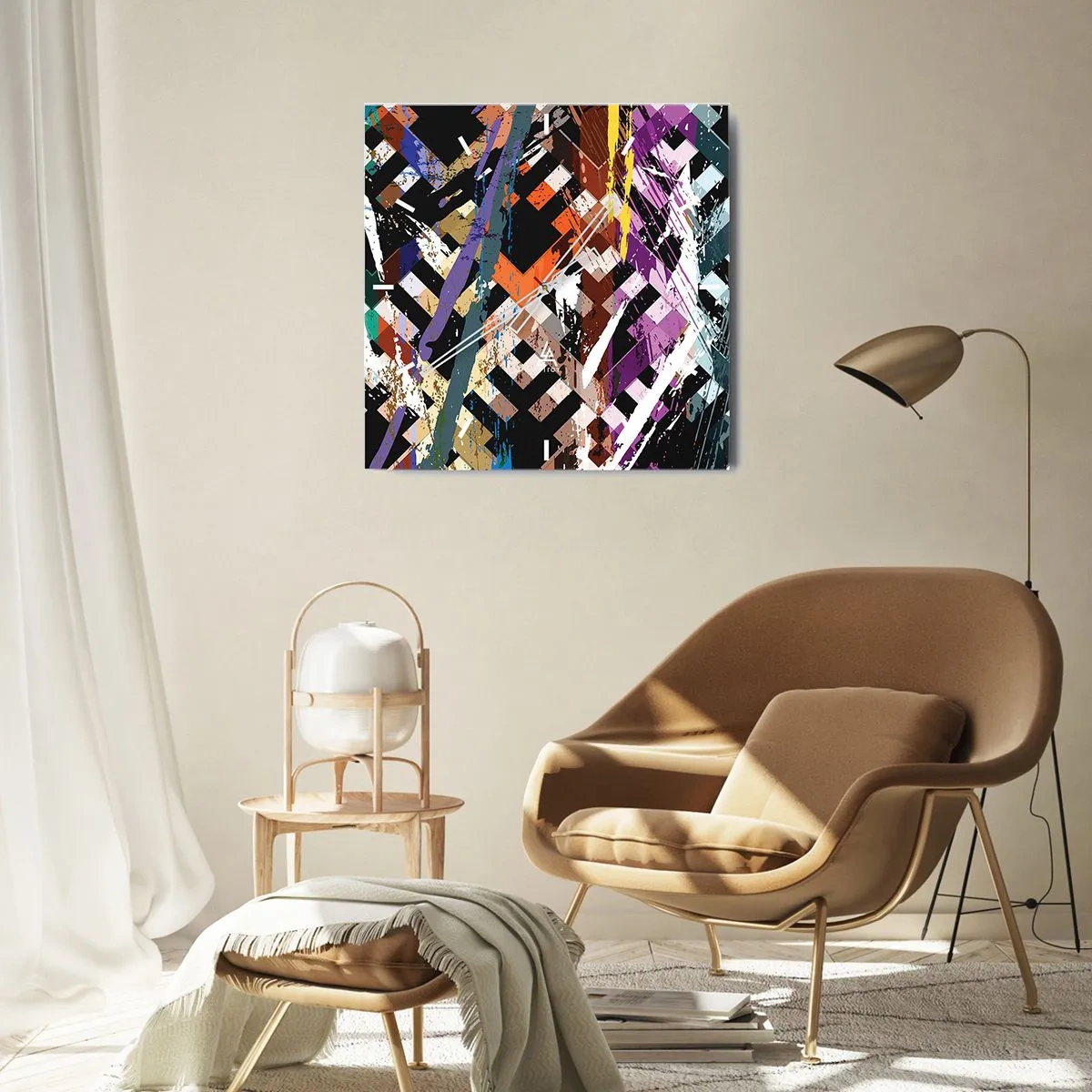 Orologio da parete - Orologio in Vetro - Composizione astratta con linee colorate su sfondo nero - 30x30cm - Elevato al quadrato - Decorazione murale moderna per soggiorno e camera da letto ARTTOR