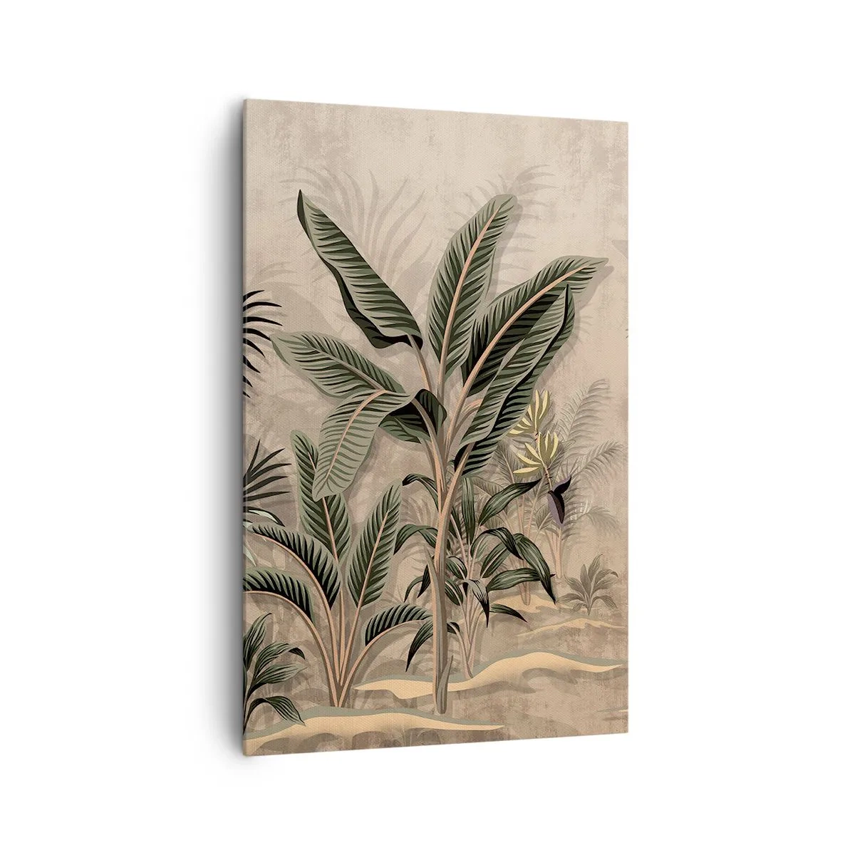 Quadro su tela - Stampe su Tela - Palme e vegetazione tropicale nei toni del verde su sfondo beige - 80x120cm - Incisione in stile coloniale - Decorazione murale moderna per soggiorno e camera da letto ARTTOR