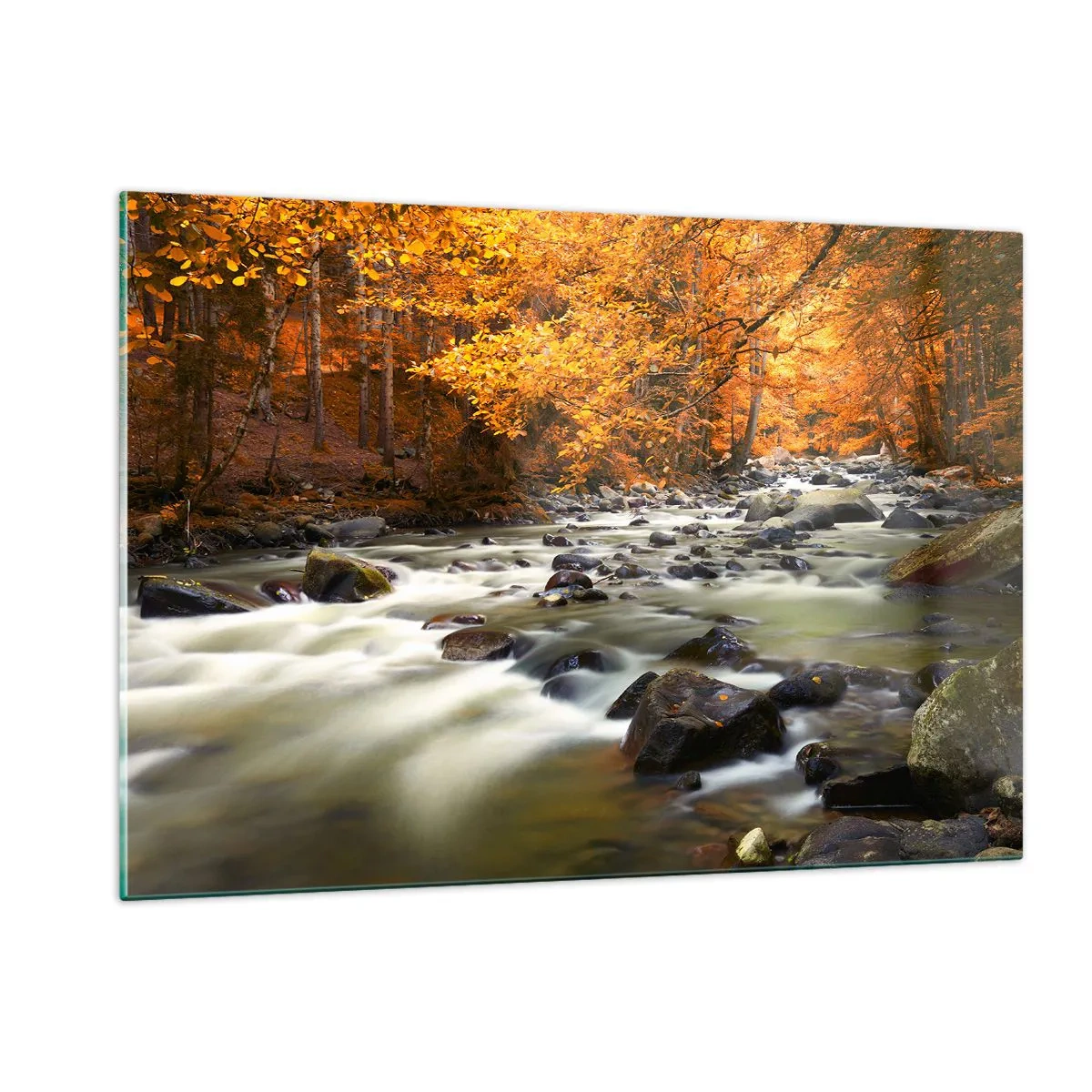Quadro su vetro - Bosco autunnale con ruscello e pietre - 120x80cm - Ruscello nel bosco dorato - Decorazione murale moderna per soggiorno e camera da letto ARTTOR