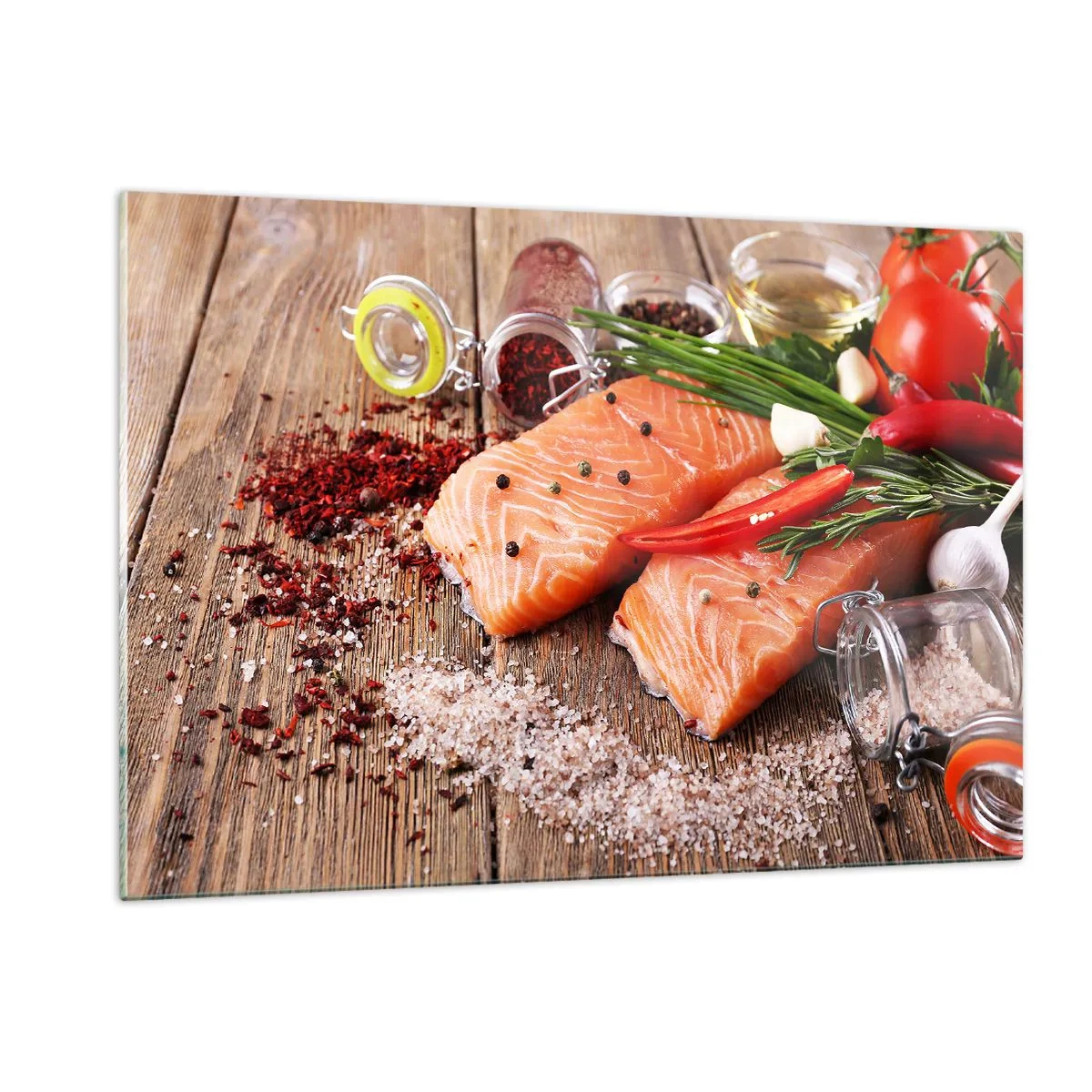 Quadro su vetro - Filetti di salmone con spezie su un piano di lavoro in legno - 120x80cm - Avventura norvegese in cucina - Decorazione murale moderna per soggiorno e camera da letto ARTTOR