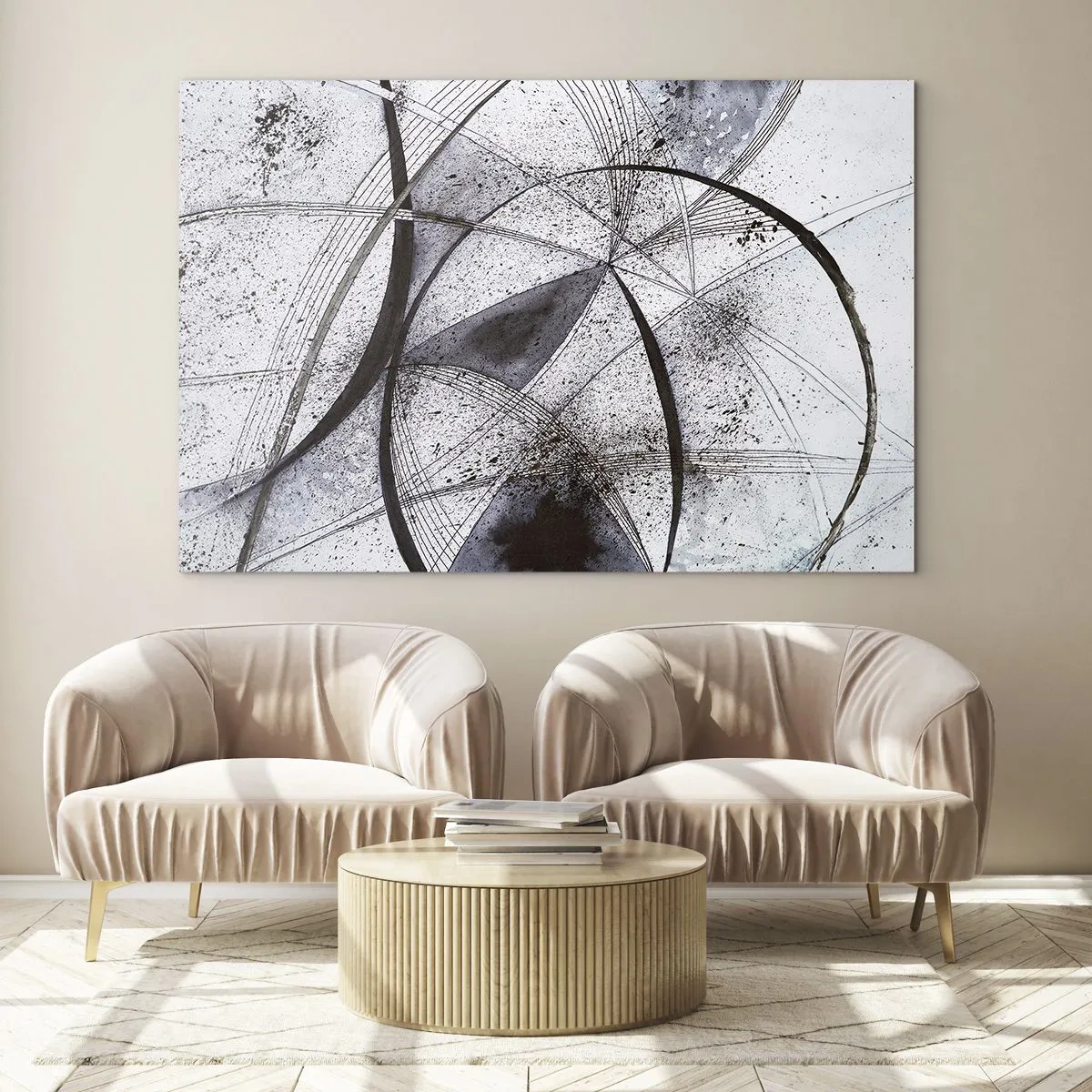 Quadro su vetro - Una composizione in bianco e nero di linee intersecate e archi geometrici. - 70x50cm - Fantasia futuristica - Decorazione murale moderna per soggiorno e camera da letto ARTTOR