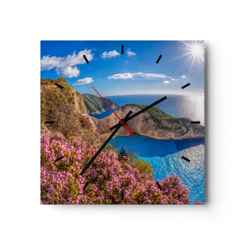 Orologio da parete - Orologio in Vetro - Una scogliera con fiori, un mare turchese e un soleggiato paesaggio greco - 30x30cm - Le mie grosse vacanze greche - Decorazione murale moderna per soggiorno e camera da letto ARTTOR