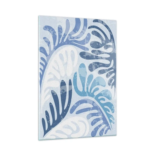 Quadro su vetro - Foglie di felce decorative nei toni del blu su uno sfondo chiaro - 50x70cm - Felci blu - Decorazione murale moderna per soggiorno e camera da letto ARTTOR