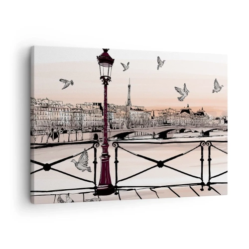 Quadro su tela - Stampe su Tela - Veduta parigina con lanterna e ponte - 70x50cm - Sui tetti di Parigi - Decorazione murale moderna per soggiorno e camera da letto ARTTOR