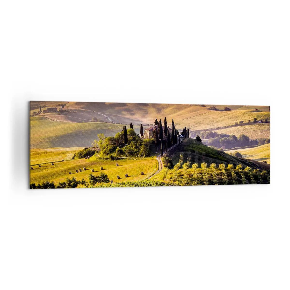Quadro su tela - Stampe su Tela - Paesaggio toscano con vigneti e una casa su una collina - 160x50cm - Arcadia: paesaggio toscano - Decorazione murale moderna per soggiorno e camera da letto ARTTOR