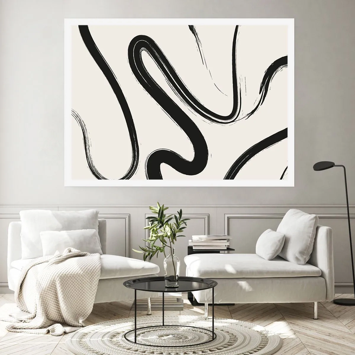 Poster - Linee curve in bianco e nero su uno sfondo chiaro - 100x70cm - Capriccio bianco e nero - Decorazione murale moderna per soggiorno e camera da letto ARTTOR