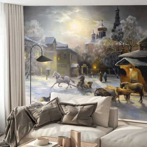 Fotomurale su misura Premium Canvas - La magia dell'inverno russo - Paesaggio, Villaggio, Inverno in campagna