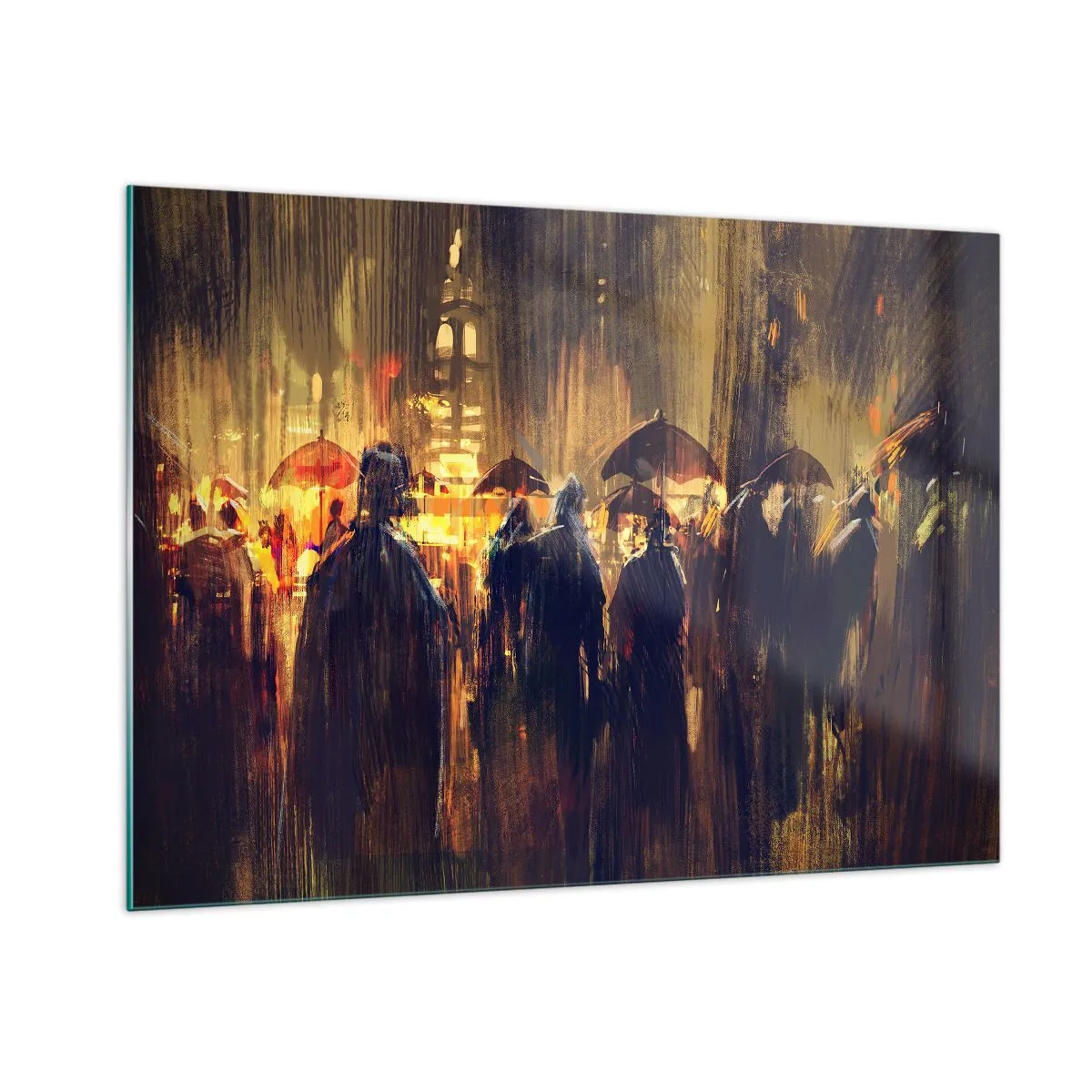 Quadro su vetro - Una folla con ombrelli sotto la pioggia sullo sfondo delle luci della città - 100x70cm - Gli adoratori della pioggia - Decorazione murale moderna per soggiorno e camera da letto ARTTOR