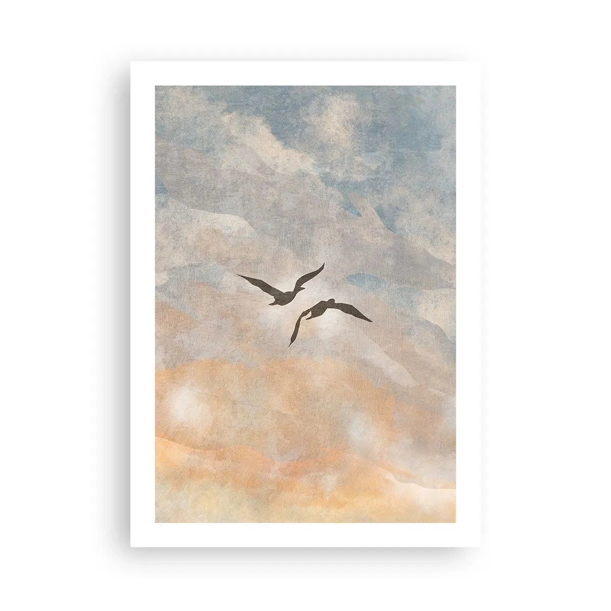 Poster - Due uccelli che volano contro il cielo, in delicate tonalità di blu e arancione. - 50x70cm - Danza nel cielo - Decorazione murale moderna per soggiorno e camera da letto ARTTOR