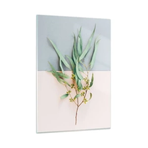 Quadro su vetro - Un rametto di eucalipto su uno sfondo pastello - 50x70cm - Delicatezza pastello - Decorazione murale moderna per soggiorno e camera da letto ARTTOR