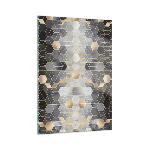 Quadro su vetro - Motivo geometrico di esagoni in linee dorate - 50x70cm - Composizione di diamante - Decorazione murale moderna per soggiorno e camera da letto ARTTOR
