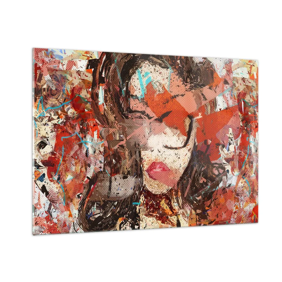 Quadro su vetro - Ritratto astratto di una donna nei toni del rosso e del beige - 100x70cm - Nessuno sa come sei veramente - Decorazione murale moderna per soggiorno e camera da letto ARTTOR