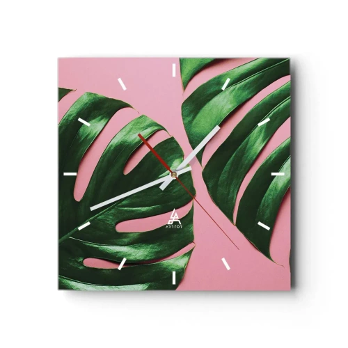 Orologio da parete - Orologio in Vetro - Foglie di monstera verdi su sfondo rosa - 30x30cm - Appuntamento in verde - Decorazione murale moderna per soggiorno e camera da letto ARTTOR