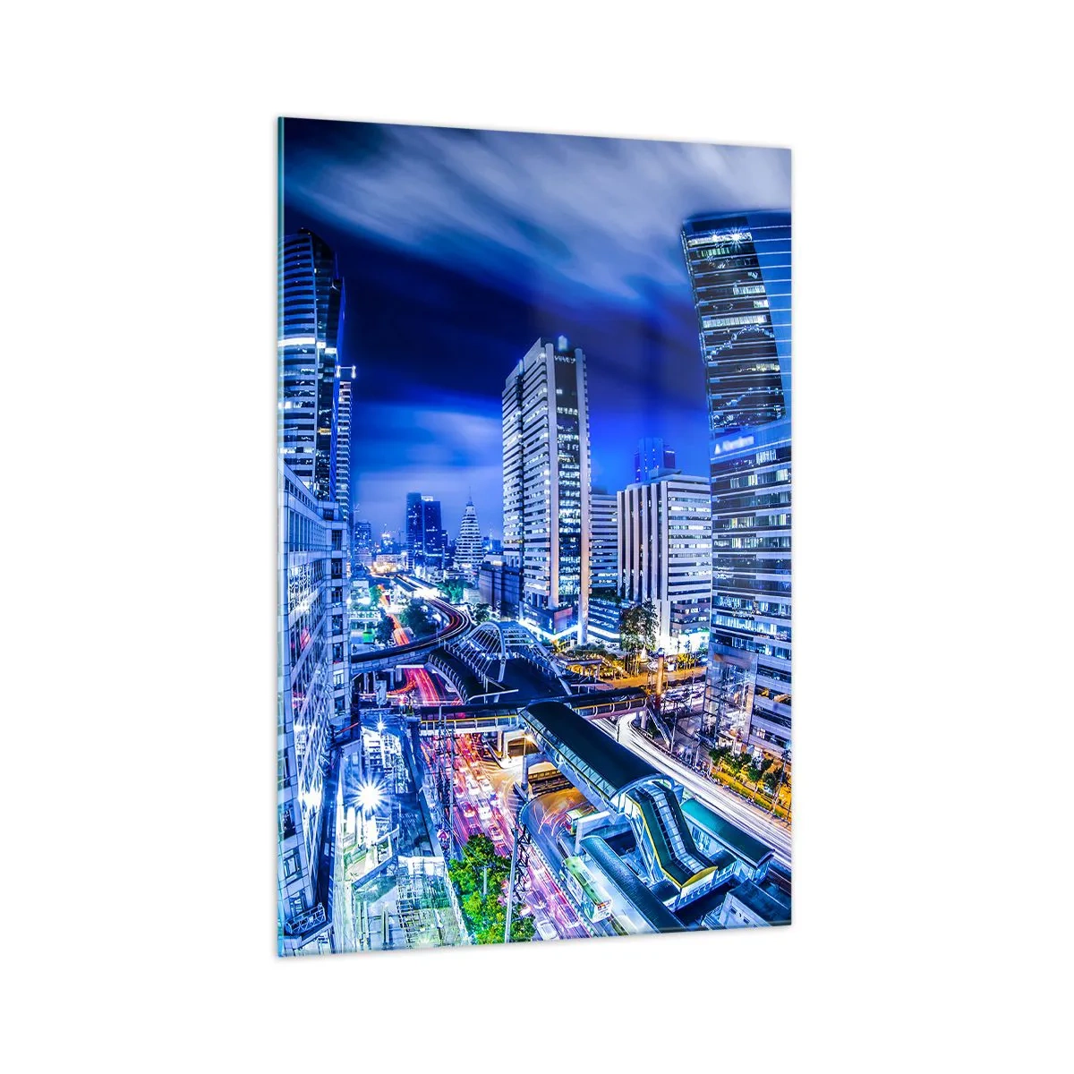 Quadro su vetro - Panorama notturno della città con grattacieli e lampioni - 70x100cm - Il ritmo notturno della città - Decorazione murale moderna per soggiorno e camera da letto ARTTOR