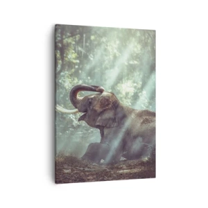 Quadro su tela - Stampe su Tela - Un ragazzo e un elefante in una foresta illuminata dalla luce del sole - 50x70cm - Ascoltalo… - Decorazione murale moderna per soggiorno e camera da letto ARTTOR