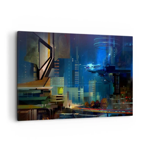 Quadro su tela - Stampe su Tela - Città futuristica di notte con luci al neon e un veicolo volante - 120x80cm - In un futuro non lontano - Decorazione murale moderna per soggiorno e camera da letto ARTTOR