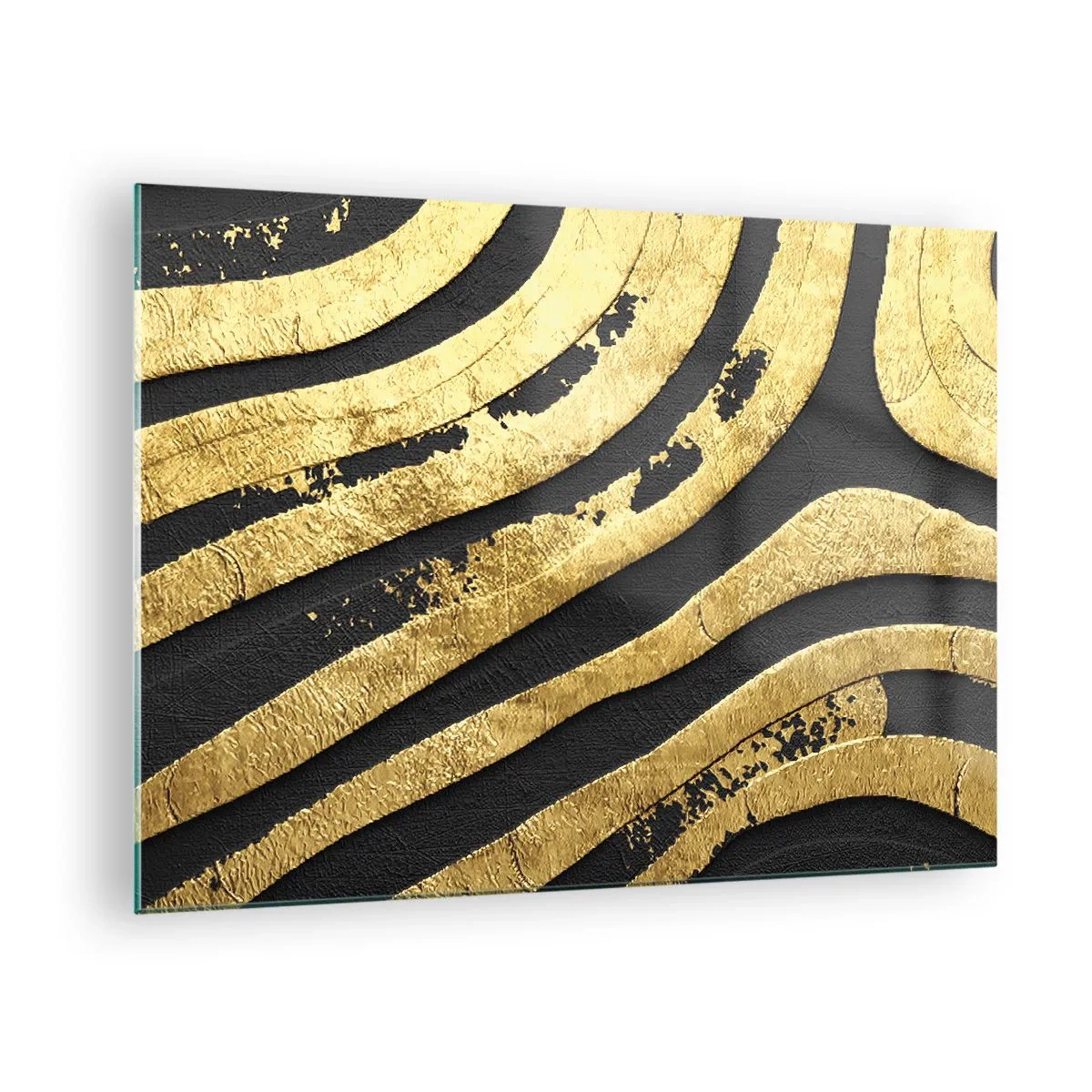 Quadro su vetro - Linee astratte dorate su sfondo nero in uno stile glamour - 70x50cm - Tutto scorre - Decorazione murale moderna per soggiorno e camera da letto ARTTOR