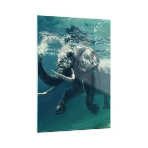 Quadro su vetro - Un elefante che nuota sott'acqua nell'oceano blu - 50x70cm - Tutti amano nuotare - Decorazione murale moderna per soggiorno e camera da letto ARTTOR