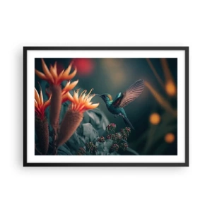 Poster in cornice nera - Un colibrì colorato tra i fiori su uno sfondo naturale - 70x50cm - Una vita davvero a colori - Decorazione murale moderna per soggiorno e camera da letto ARTTOR