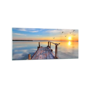 Quadro su vetro - Molo di legno al tramonto su un lago calmo - 120x50cm - Camminando verso il sole - Decorazione murale moderna per soggiorno e camera da letto ARTTOR