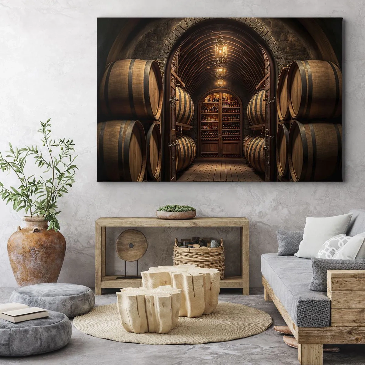 Quadro su tela - Stampe su Tela - Cantina con botti di legno e scaffali per il vino - 100x70cm - L'atmosfera della cantina - Decorazione murale moderna per soggiorno e camera da letto ARTTOR