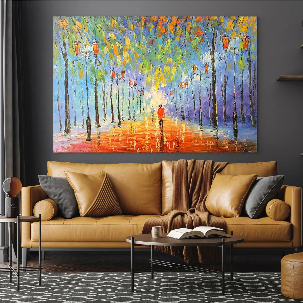 Quadro su vetro - Un parco colorato con un viale e lanterne in stile pittorico - 70x50cm - Canzone notturna sotto la pioggia - Decorazione murale moderna per soggiorno e camera da letto ARTTOR