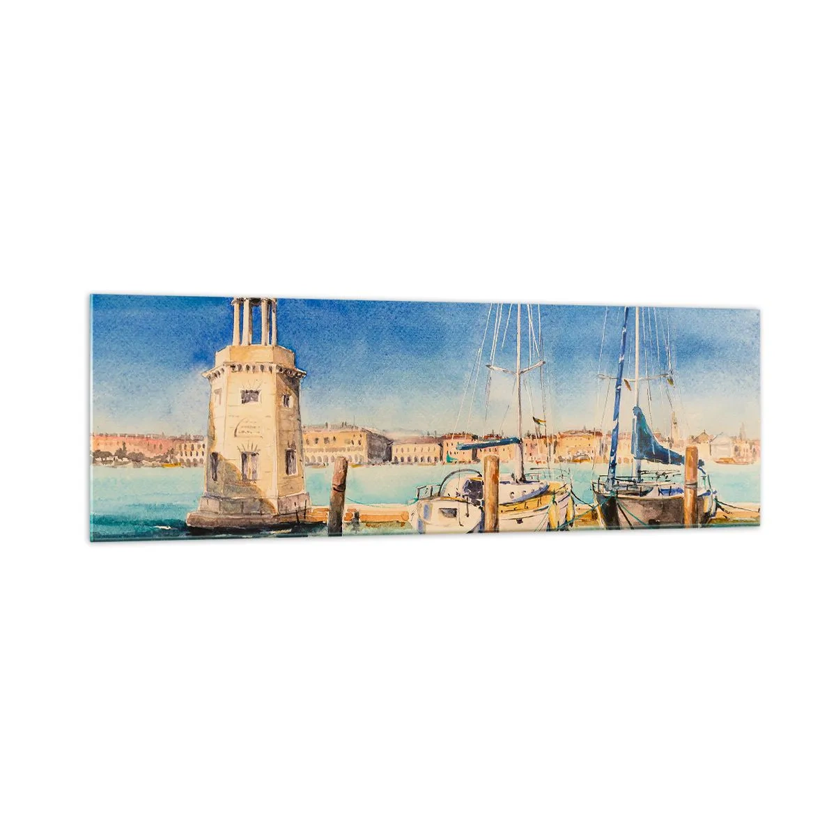 Quadro su vetro - Marina con barche sullo sfondo di una laguna blu - 160x50cm - La laguna assolata - Decorazione murale moderna per soggiorno e camera da letto ARTTOR