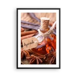 Poster in cornice nera - Una bottiglia di olio ayurvedico e spezie - 50x70cm - Verso l'unità del corpo e dell'anima - Decorazione murale moderna per soggiorno e camera da letto ARTTOR