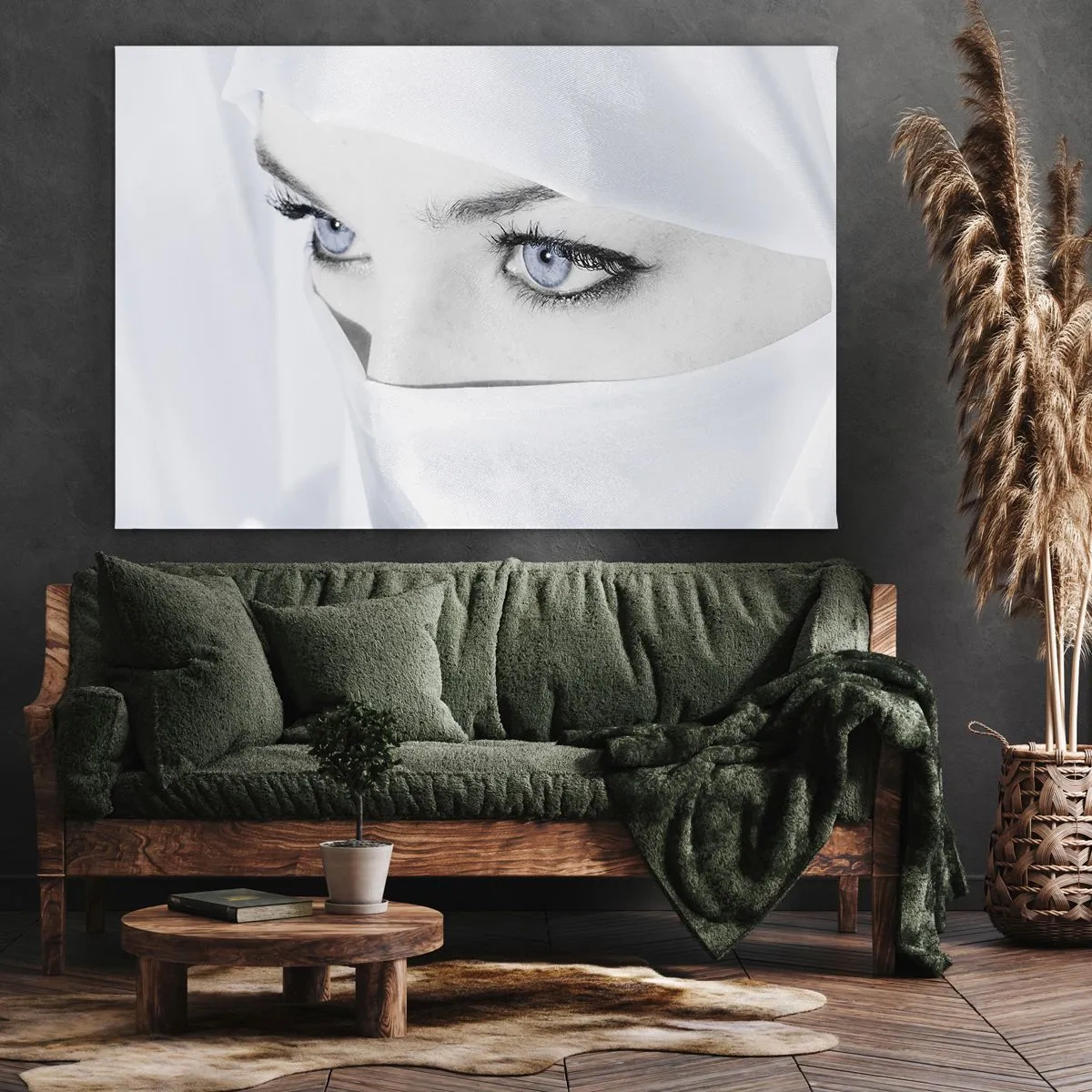 Quadro su tela - Stampe su Tela - Ritratto di una donna con gli occhi azzurri nascosti dietro un velo bianco - 70x50cm - Direttamente dalle mille e una notte - Decorazione murale moderna per soggiorno e camera da letto ARTTOR