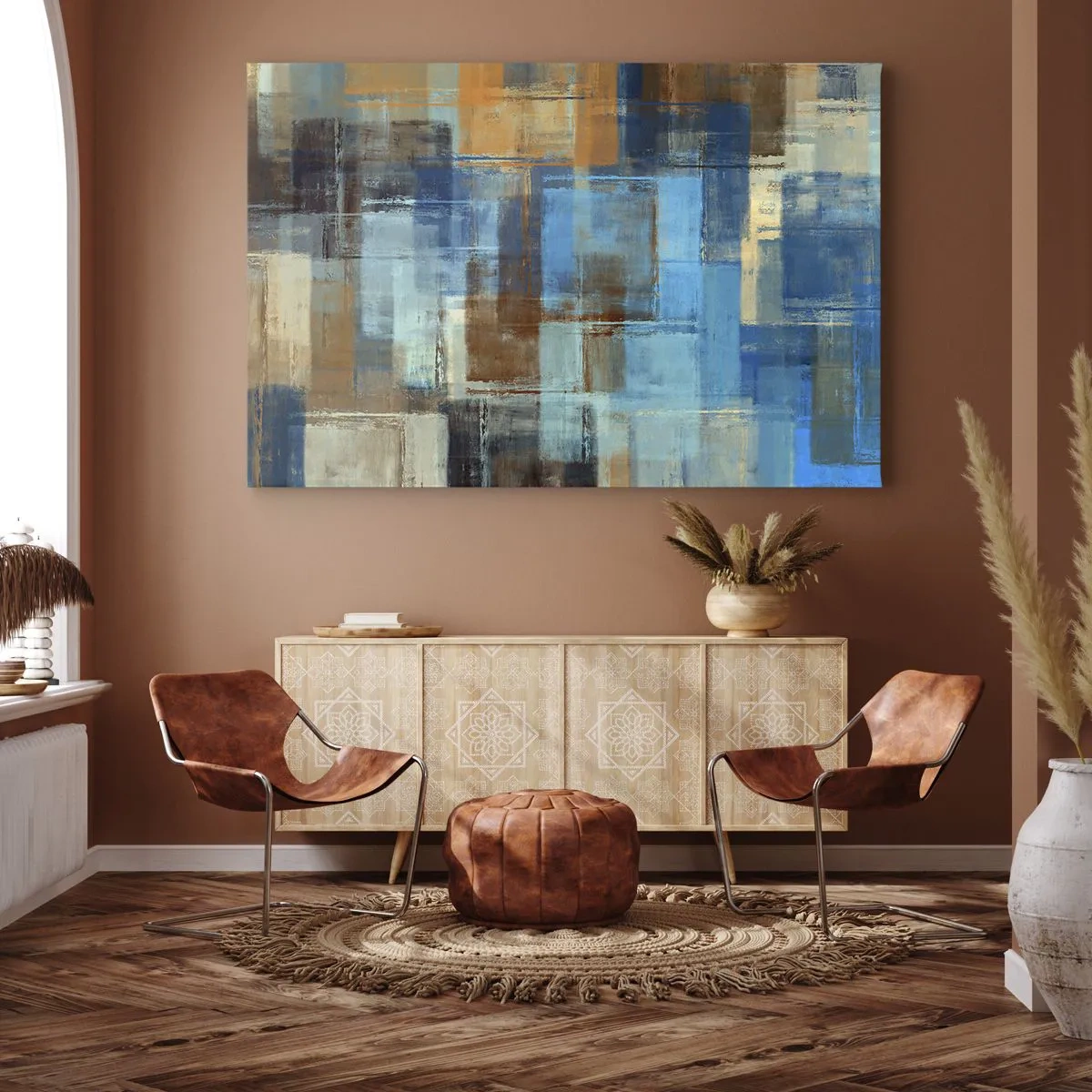 Quadro su tela - Stampe su Tela - Composizione geometrica astratta nei toni del blu e del marrone - 100x70cm - Attraverso la tenda blu - Decorazione murale moderna per soggiorno e camera da letto ARTTOR