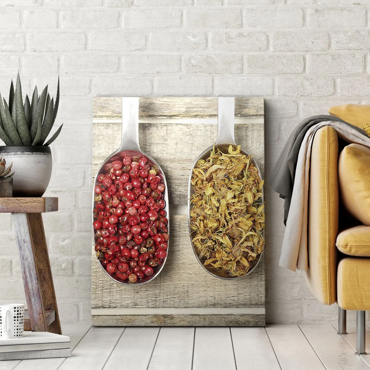 Quadro su tela - Stampe su Tela - Tre cucchiai di metallo con spezie su uno sfondo di legno - 80x120cm - Magia in cucina - Decorazione murale moderna per soggiorno e camera da letto ARTTOR