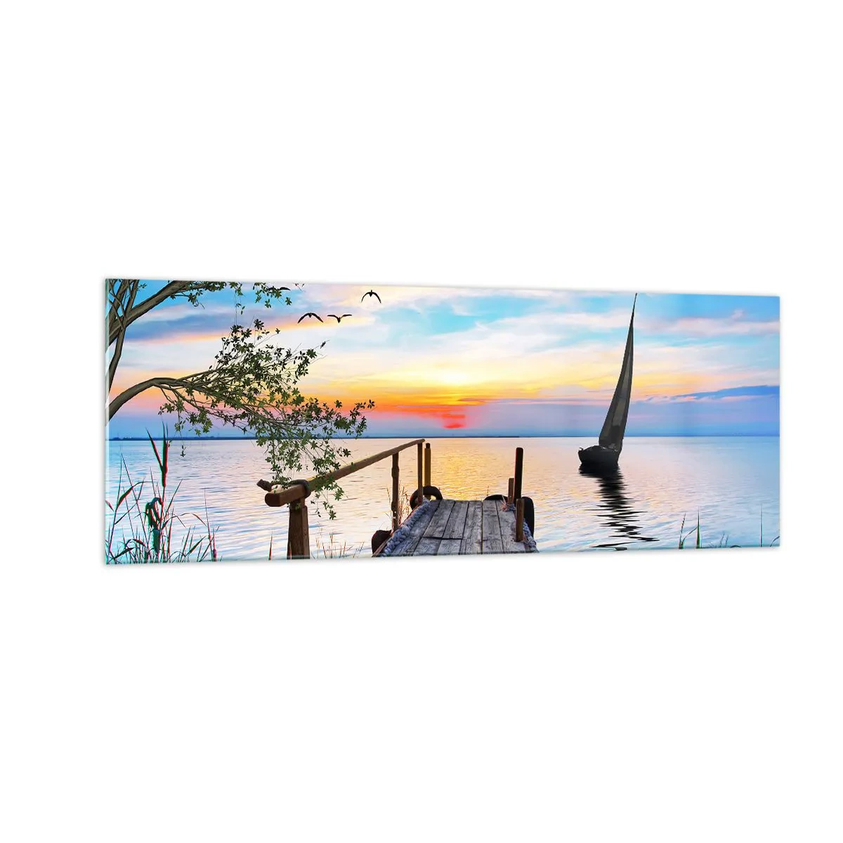 Quadro su vetro - Molo del lago con barca e tramonto - 140x50cm - Buona sera - Decorazione murale moderna per soggiorno e camera da letto ARTTOR